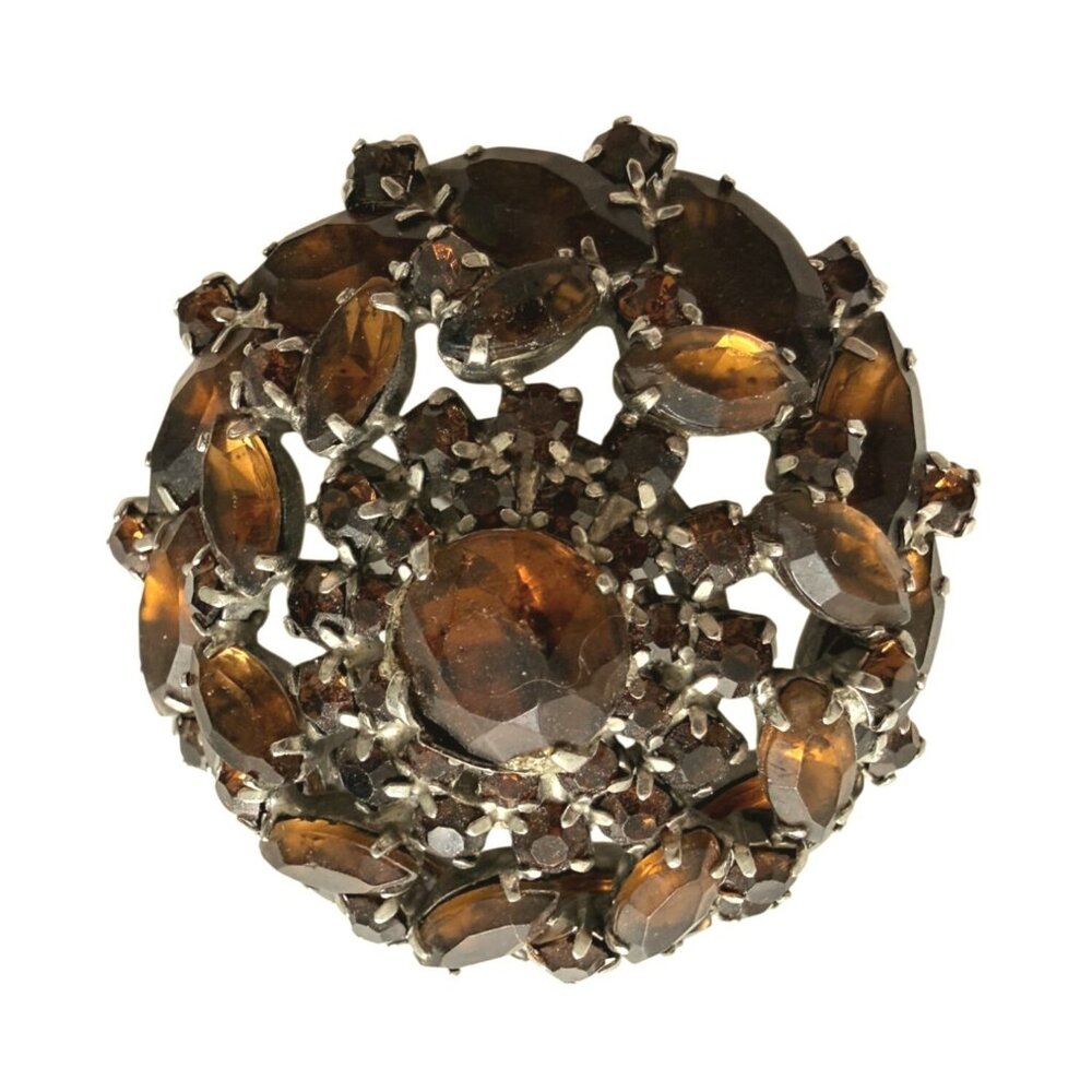 Vintage Smoky Topaz Brown Rhinestone Domed Brooch Silver Tone Floral Wreath Pin